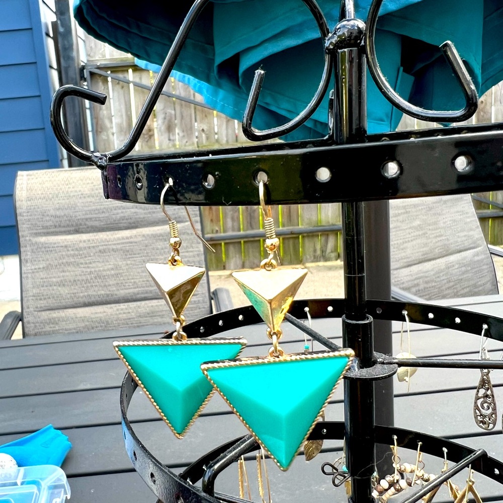Gold and teal triangle earrings
